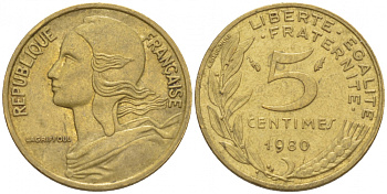 ФРАНЦИЯ 5 САНТИМОВ 1980 ТИП MARIANNE KM 933 медь алюминий никель 3309-1044
