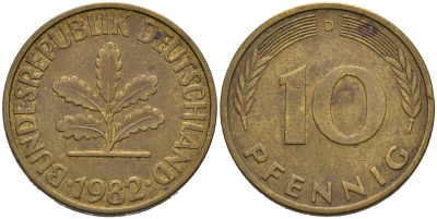 ФРГ 10 пфеннигов 1982 D KM 108, J.383 сталь плакированная латунью 4681-1151