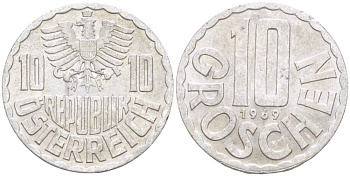 АВСТРИЯ 10 ГРОШЕЙ 1969 KM 2878 алюминий 4523-221