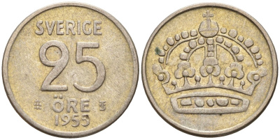 Швеция 25 эре 1955 TS, Густав VI Адольф (1950-1973) KM 824 серебро 4147-1044