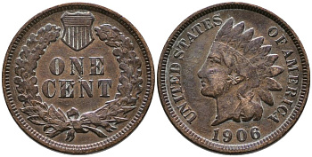США 1 ЦЕНТ 1906 ИНДЕЙСКАЯ ГОЛОВА' KM 90а бронза 4549-749