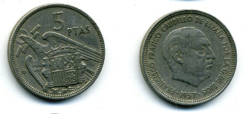 ИСПАНИЯ 5 ПЕСЕТ 1957 (59) ФРАНСИСКО ФРАНКО ДИКТАТОР ИСПАНИИ (1939-1975) KM 786 медно-никель 56-856