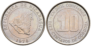 Никарагуа 10 сентаво 1978 карта страны KM 31 медно-никель  UNC  220-1224