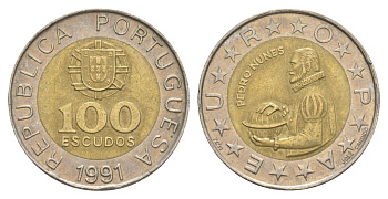 Португалия 100 эскудо 1991 Педру Нуниш (1502-1578), математик KM 645 биметалл 4390-652