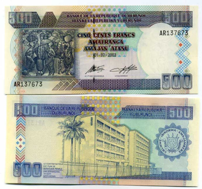 Бурунди 500 франков 2003 искусство Бурунди, Центральный банк, Бужумбура Pick 38 c UNC (пресс) бумага 448-13-2