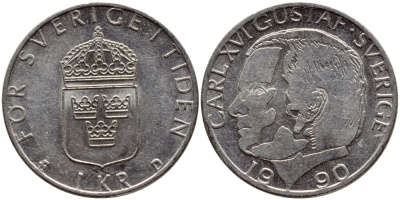 Швеция 1 крона 1990 Карл XVI Густав (1973- ) KM 852a медно-никель 4398-1231