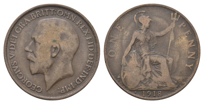 Великобритания 1 пенни 1918 H, Георг V (1910-1936) KM 810, Spink 4052 бронза 4661-545