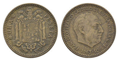Испания 1 песета 1963 (64) Франсиско Франко (1939-1975) KM 775 алюминиевая бронза 4708-415