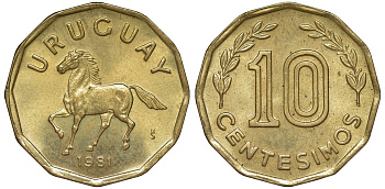 Уругвай 10 сентесимо 1981 KM 66 алюминиевая бронза 4169-523