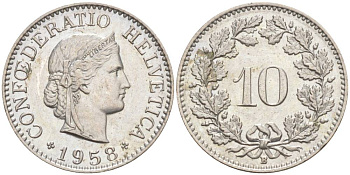 Швейцария 10 раппенов 1958 B KM 27 медно-никель     55-257