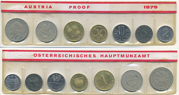 Австрия набор из 7 монет  1979  2, 5, 10, 50 грошей, 1, 5, 10 шиллингов, в целлофане KM PS 39 PROOF 4399-6-2