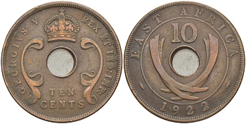 Британская Восточная Африка 10 центов 1922 Георг V (1910-1936) KM 19 бронза 26-146