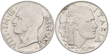 ИТАЛИЯ 20 ЧЕНТЕЗИМО 1941 R, ГОД XIX, ВИКТОР ЭММАНУИЛ III (1900-1946) KM 75b, VEM3. 1028 нержавеющая сталь 3853-745