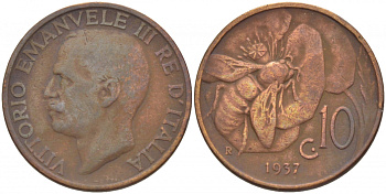 ИТАЛИЯ 10 ЧЕНТЕЗИМО 1937 R, ВИКТОР ИММАНУИЛ, ПЧЕЛА KM 60 медь 4548-122