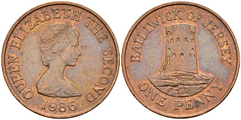 Джерси 1 пенни 1986 башня Святого Клемена KM 54 бронза XF 4582-211