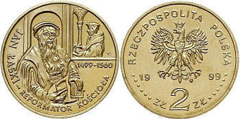 Польша 2 злотых 1999 MW, 500 лет со дня рождения Яна Лаский KM 363 нордик UNC 4521-531
