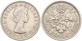 Великобритания 6 пенсов 1966 Елизавета II (1952-2022) KM 903, Spink 4149 медно-никель 4549-431