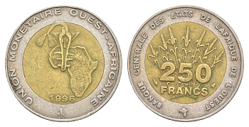 Западная Африка (BCEAO) 250 франков 1996 редкий год KM 13 биметалл 4654-552