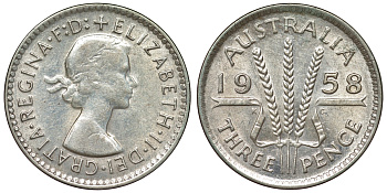 Австралия 3 пенса 1958 m, Елизавета II (1952-2022) KM 57 серебро 71-558