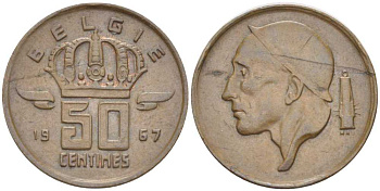 Бельгия 50 сантимов 1967 Belgie, Бодуэн I (1951-1993) KM 149.1 бронза 206-147