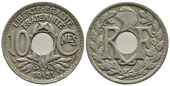 Франция 10 сантимов 1921 тип Линдайё KM 866a, Le Franc 138.3 медно-никель 4364-1255