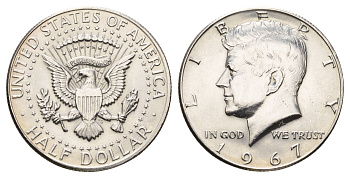 США 1/2 доллара (50 центов) 1967 Джон Кеннеди KM 202a серебро UNC 4672-514