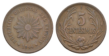 Уругвай 5 сентесимо 1944 KM 21a медь 4637-513