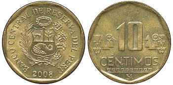 Перу 10 сентимо 2008 KM 305.4 латунь aUNC 4605-633