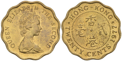 Гонконг 20 центов 1977 Елизавета II (1952-) KM 36 никель латунь 4580-228