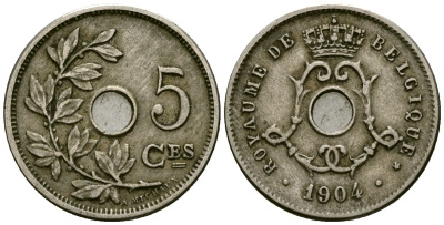 Бельгия 5 сантимов 1904 Belgique KM 54 медно-никель 4173-352