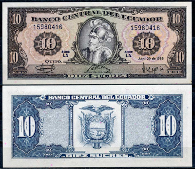 Эквадор 10 сукре 1986 Себастьян де Белалькасар, серия LN Pick 121 (2)  бумага  UNC (пресс) 447-112-1