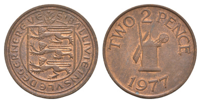 Гернси 2 пенса 1977 Елизавета II (1952-2022), ветряная мельница KM 28 бронза 4656-1055