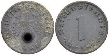 ГЕРМАНИЯ 1 РЕЙХСПФЕННИГ 1941 А KM 97, J. 369 цинк 216-1013