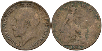 Великобритания 1 фартинг 1914 Георг V (1910-1936), темная отделка KM 808.1, Spink 4059 бронза 3496-943