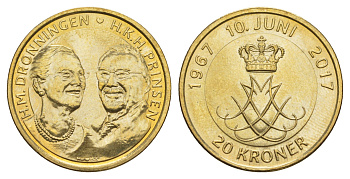 Дания 20 крон 2017 Золотая свадьба KM 966 алюминиевая бронза UNC 4648-652
