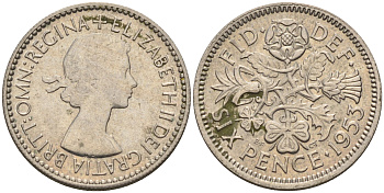 Великобритания 6 пенсов 1953 Елизавета II (1952-2022) KM 889, Spink 4141 медно-никель    4147-414