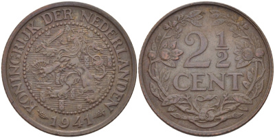 НИДЕРЛАНДЫ 2 1/2 ЦЕНТА 1941 ВИЛЬГЕЛЬМИНА KM 150 бронза 31-955