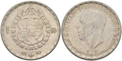 Швеция 1 крона 1947 TS, Густав V (1907-1950) KM 814 серебро 4148-1043