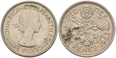 Великобритания 6 пенсов 1953 Елизавета II (1952-2022) KM 889, Spink 4141 медно-никель    4147-414