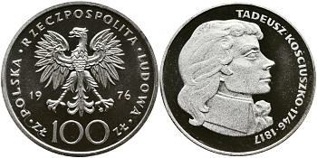 Польша 100 злотых 1976 MW, Тадеуш Костюшко (1746-1817) KM 82, Parchimowicz 274 серебро PROOF 1096-1-11