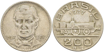 БРАЗИЛИЯ 200 РЕЙС 1937 БРАЗИЛЬСКИЙ ПРОМЫШЛЕННИК, СТРОИТЕЛЬ ПЕРВОЙ ЖЕЛЕЗНОЙ ДОРОГИ ВИКОНТ ди МАУА (1813-1889), ПАРОВОЗ KM 537 медно-никель 4529-611