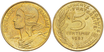 ФРАНЦИЯ 5 САНТИМОВ 1987 ТИП MARIANNE KM 933, LE FRANC 125.23 алюминиевая бронза 218-128