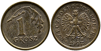 ПОЛЬША 1 ГРОШ 1992 MW KM 276 латунь 26-1046