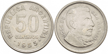 Аргентина 50 сентаво 1955 генерал Хосе де Сан Мартин KM 49 сталь плакированная никелем 4548-336