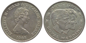Тёркс и Кайкос 1 крона 1986 Свадьба Принца Эндрю и Сары Маргарет Фергюсон, тираж 20.000 экземпляров KM 60 медно-никель BU 00-1067-7-44