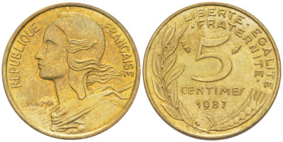 ФРАНЦИЯ 5 САНТИМОВ 1987 ТИП MARIANNE KM 933, LE FRANC 125.23 алюминиевая бронза 218-128