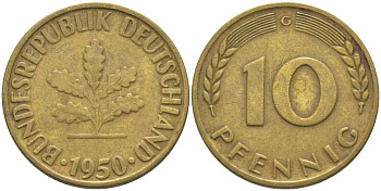 ФРГ 10 ПФЕННИГОВ 1950 G KM 108, J. 383 сталь плакированная латунью 175-737