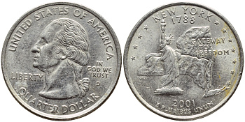 США 25 центов = квотер 2001 D, серия штаты США, Нью-Йорк KM 318 медь плакированная медно-никелем 4397-122