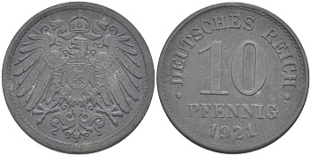ГЕРМАНИЯ 10 ПФЕННИГОВ 1921 (1917-1922) KM 26, J. 299, Weege 8 цинк 210-237
