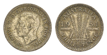 Австралия 3 пенса 1951 Георг V (1936-1952) KM 44 серебро 4588-935